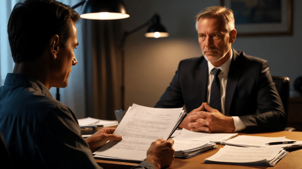 Debtor discussing legal rights with lawyer