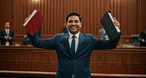 Person celebrating successful debt lawsuit settlement and legal relief.