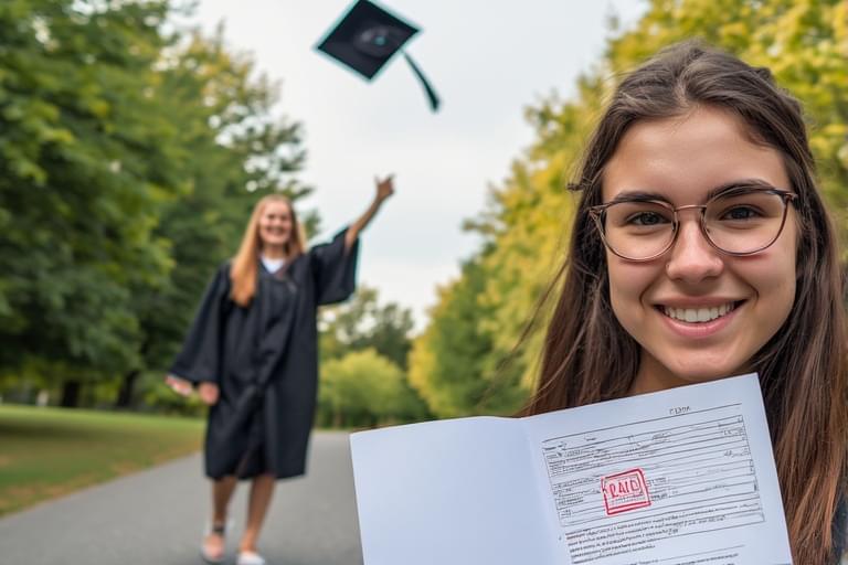 Graduate celebrating after successful student loan settlement or debt relief.